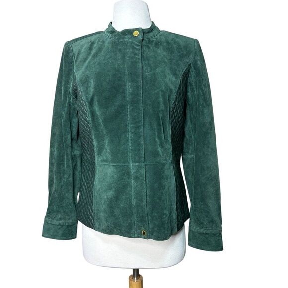 Isaac Mizrahi Live Green Brushed Suede Quilted Leather Zip Jacket Size 4 - Picture 1 of 10